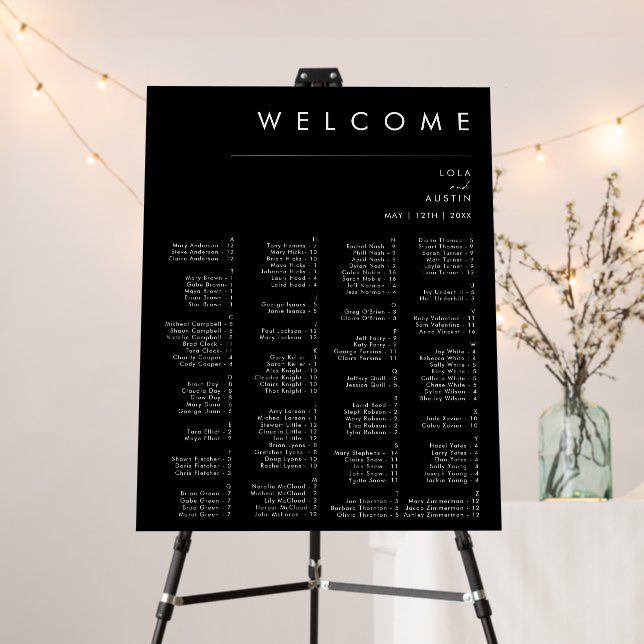 Modern Minimalist Black Alphabetical Seating Chart Foam Board (In Situ (Stand))