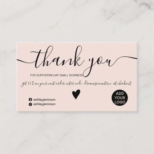 Modern minimalist black and blush order thank you business card