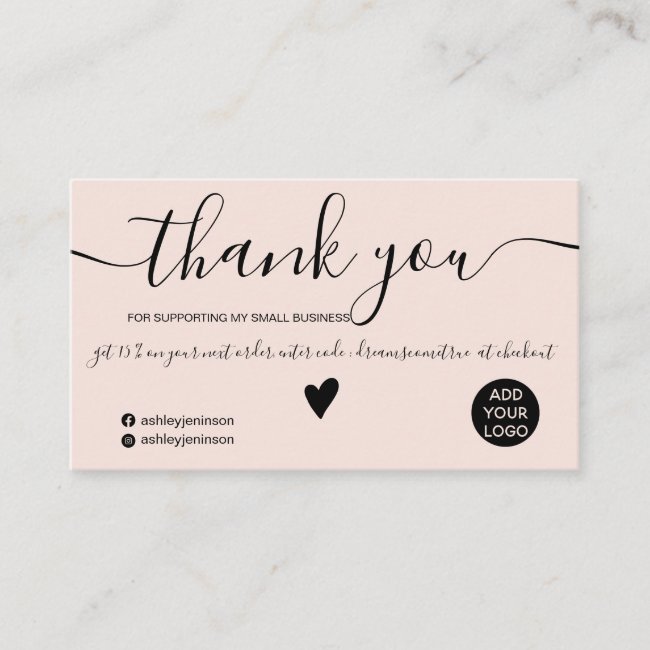 Modern minimalist black and blush order thank you business card