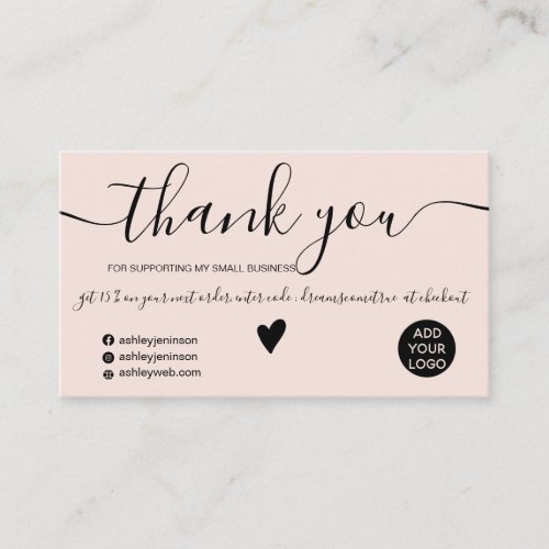 Modern minimalist black and blush order thank you business card