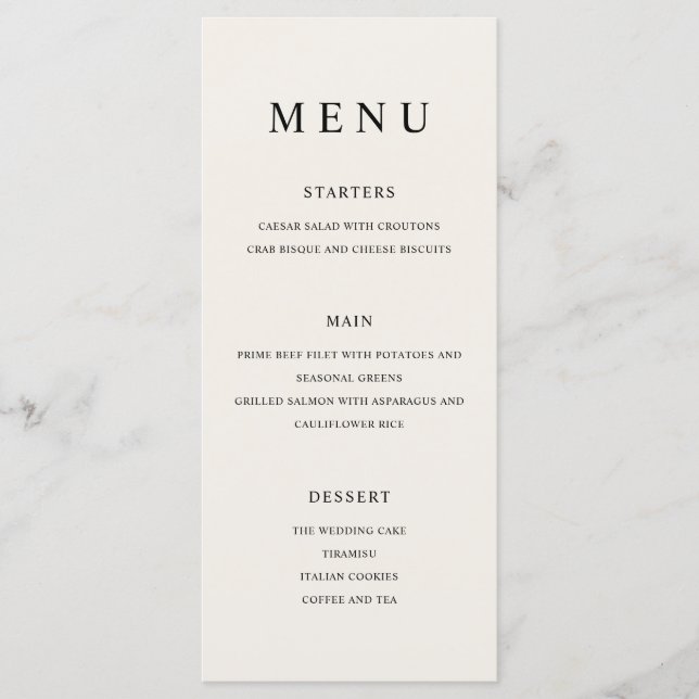 Modern Minimalist Black and Ecru Wedding Menu (Front)