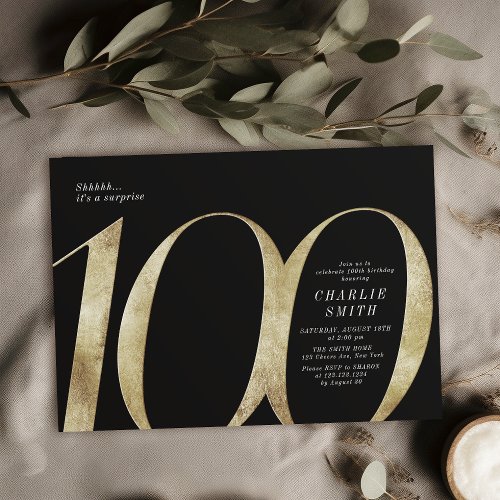 Modern minimalist black and gold 100th birthday invitation