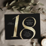 Modern minimalist black and gold 18th birthday invitation<br><div class="desc">Modern minimalist 18th birthday party invitation features stylish faux gold foil number 18 and your party details in classic serif font on black background color,   simple and elegant,  great surprise birthday invitation for men and women.  
the black background color can be changed to any color of your choice.</div>