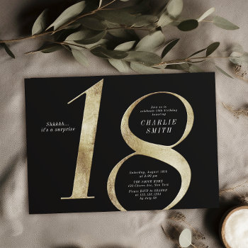 Modern Minimalist Black And Gold 18th Birthday Invitation by AvaPaperie at Zazzle