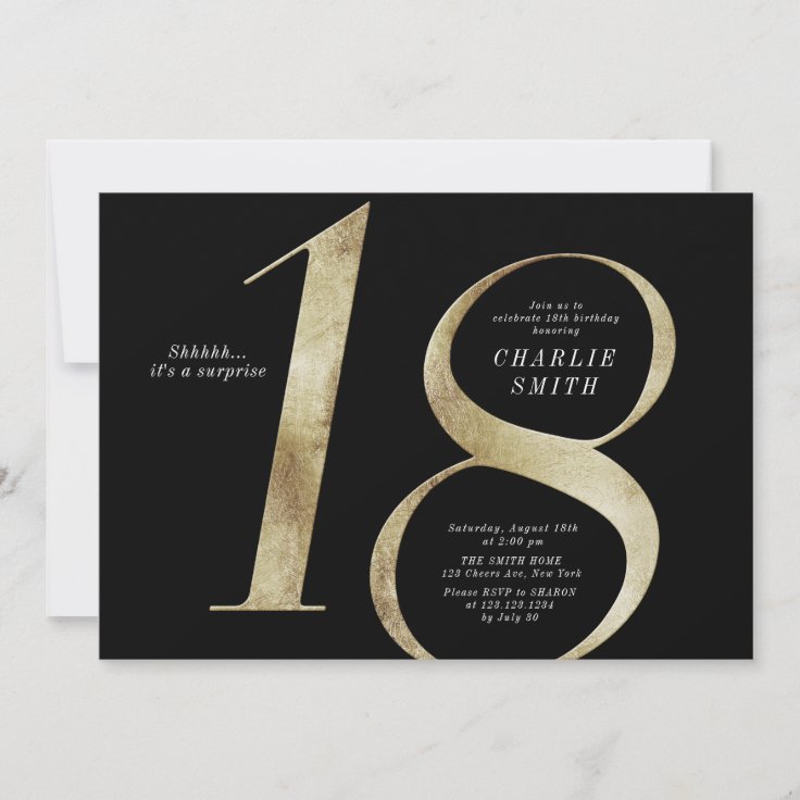 Modern Minimalist Black And Gold 18th Birthday Invitation Zazzle