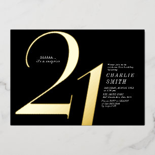 Modern minimalist black and gold 21st birthday foil invitation