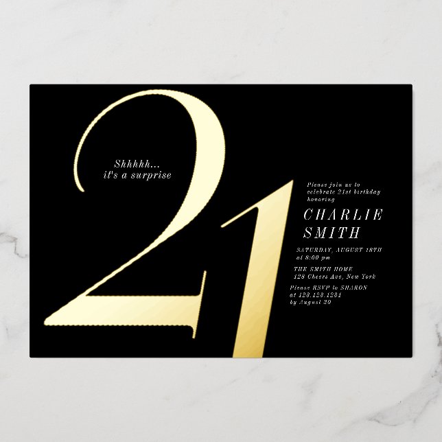 Modern minimalist black and gold 21st birthday foil invitation (Front)