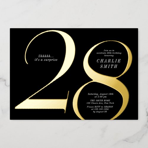 Modern minimalist black and gold 28th birthday foil invitation