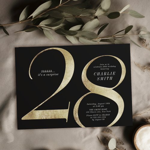 Modern minimalist black and gold 28th birthday invitation