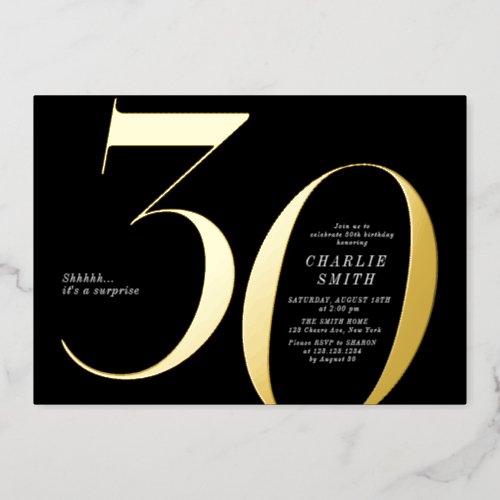 Modern minimalist black and gold 30th birthday foil invitation