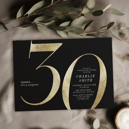 Modern minimalist black and gold 30th birthday invitation