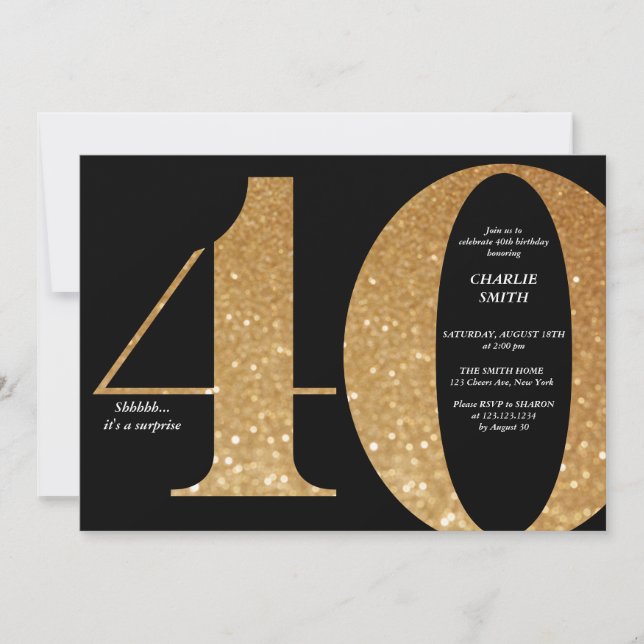 Modern minimalist black and gold 40th birthday invitation (Front)