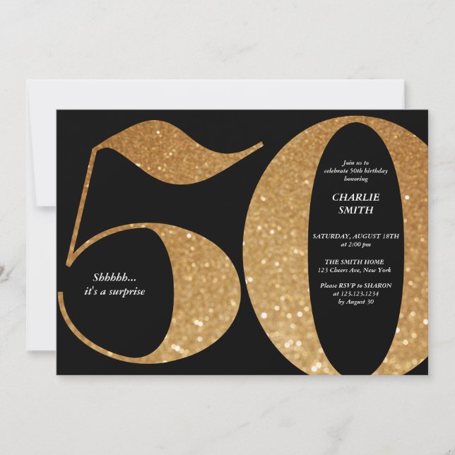 Modern minimalist black and gold 50th birthday invitation (Front)