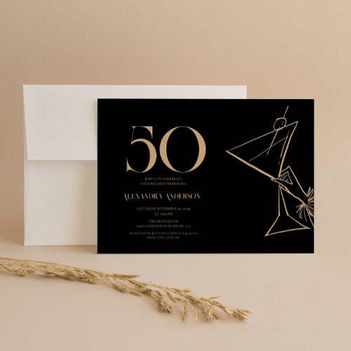 Modern minimalist black and gold 50th birthday  invitation