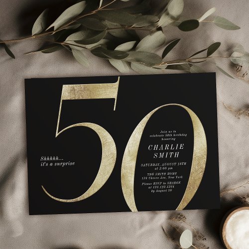 Modern minimalist black and gold 50th birthday invitation