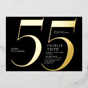 Modern minimalist black and gold 55th birthday foil invitation