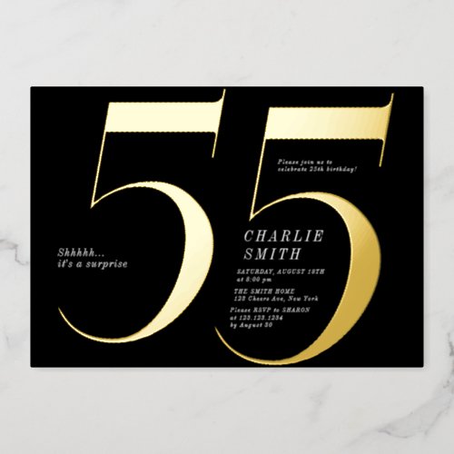 Modern minimalist black and gold 55th birthday foil invitation