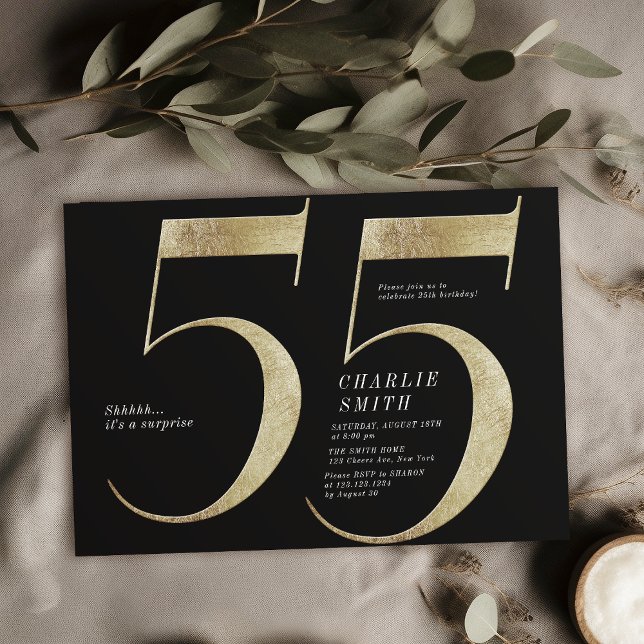 Modern minimalist black and gold 55th birthday invitation (Modern minimalist black and gold 55th birthday invitation)