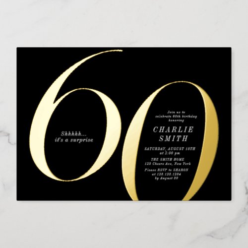 Modern minimalist black and gold 60th birthday foil invitation