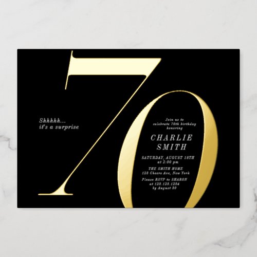 Modern minimalist black and gold 70th birthday foil invitation