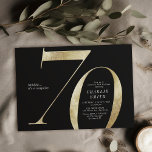 Modern minimalist black and gold 70th birthday invitation<br><div class="desc">Modern minimalist 70th birthday party invitation features stylish faux gold foil number 70 and your party details in classic serif font on black background color, simple and elegant, great surprise adult milestone birthday invitation for men and women. the black background color can be changed to any color of your choice....</div>