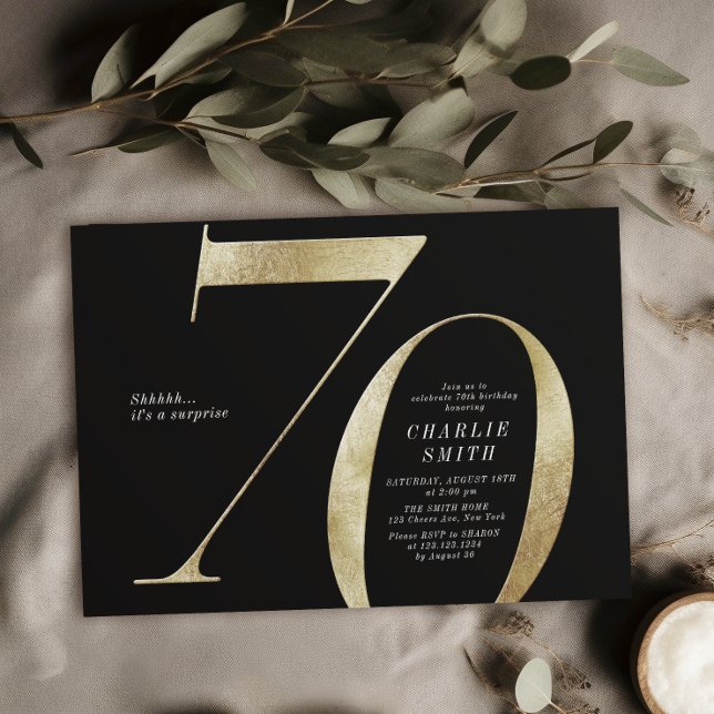 Modern minimalist black and gold 70th birthday invitation