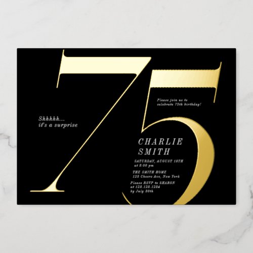 Modern minimalist black and gold 75th birthday foil invitation
