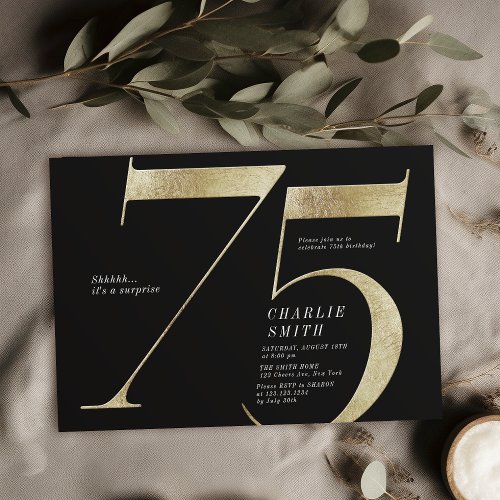 Modern minimalist black and gold 75th birthday invitation