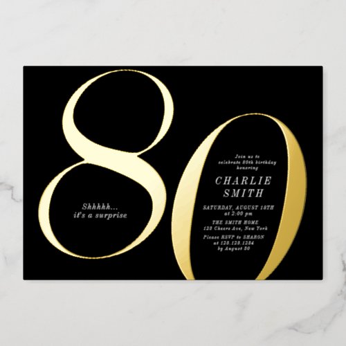 Modern minimalist black and gold 80th birthday foil invitation