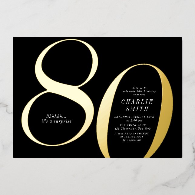 Modern minimalist black and gold 80th birthday foil invitation (Front)