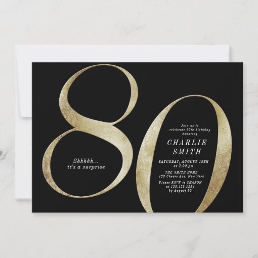 Modern Minimalist Black And Gold 80th Birthday Invitation 