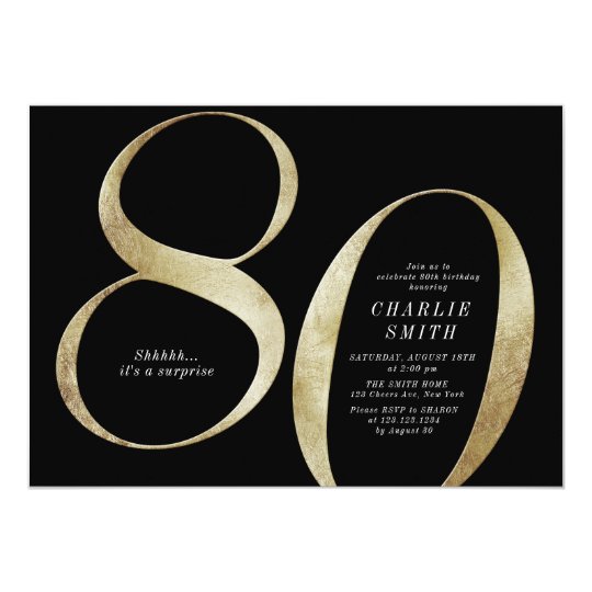 Modern minimalist black and gold 80th birthday invitation | Zazzle.com