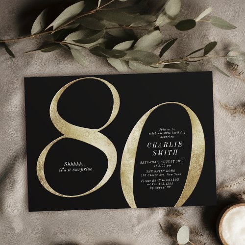 Modern minimalist black and gold 80th birthday invitation