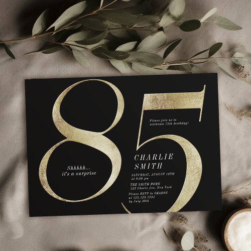 Modern minimalist black and gold 85th birthday invitation