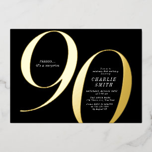 Modern minimalist black and gold 90th birthday foil invitation