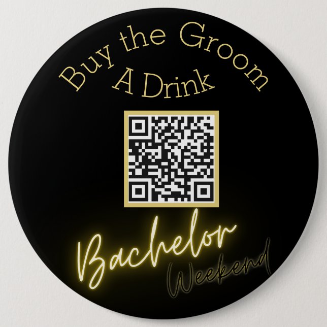 Modern Minimalist Black and Gold Bachelor QR Code Button (Front)
