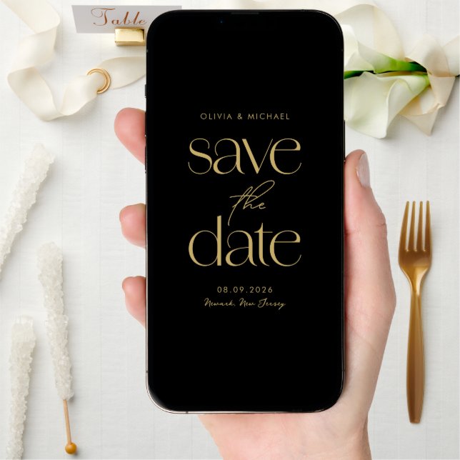 Modern Minimalist Black and Gold Chic Wedding Save The Date (Front Digital)