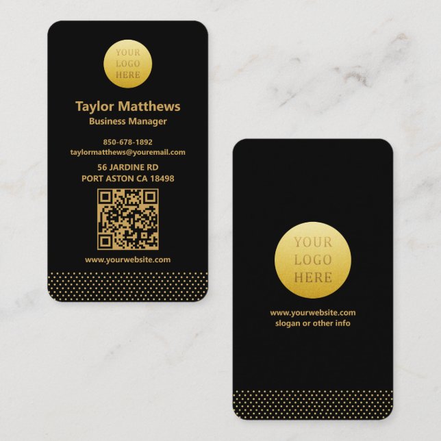 Modern Minimalist Black and Gold Dots QR Code Business Card (Front/Back)