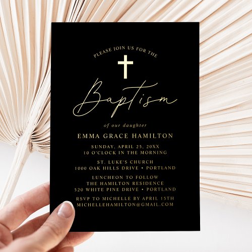 Modern Minimalist Black and Gold Script Baptism Foil Invitation