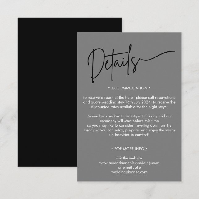 Modern Minimalist Black and Grey Wedding Details Enclosure Card (Front/Back)