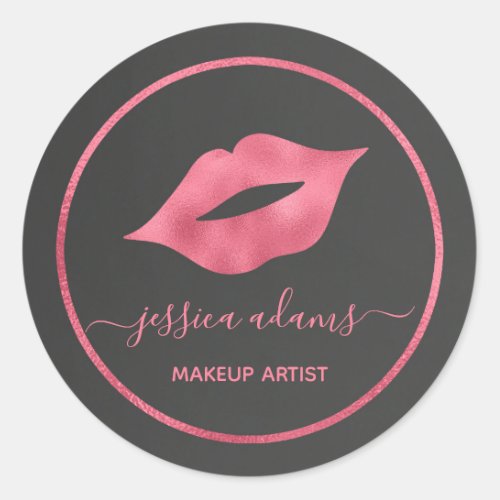 Modern Minimalist Black and Hot Pink Kiss Lips Classic Round Sticker
