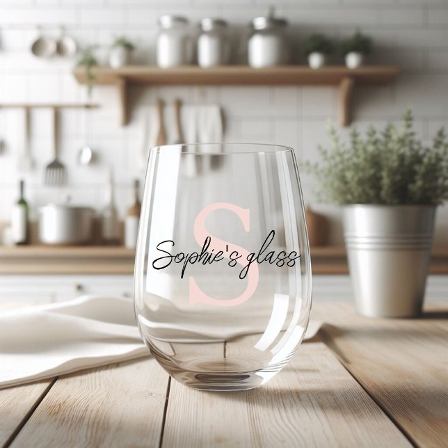 Modern Minimalist Black and Pink Personalized Name Stemless Wine Glass (Creator Uploaded)