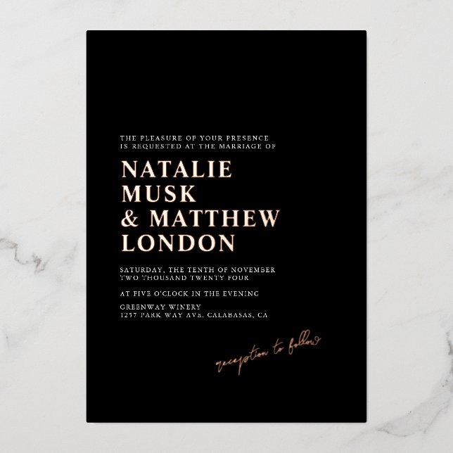 Modern Minimalist Black and Real Foil Wedding Invitation (Front)