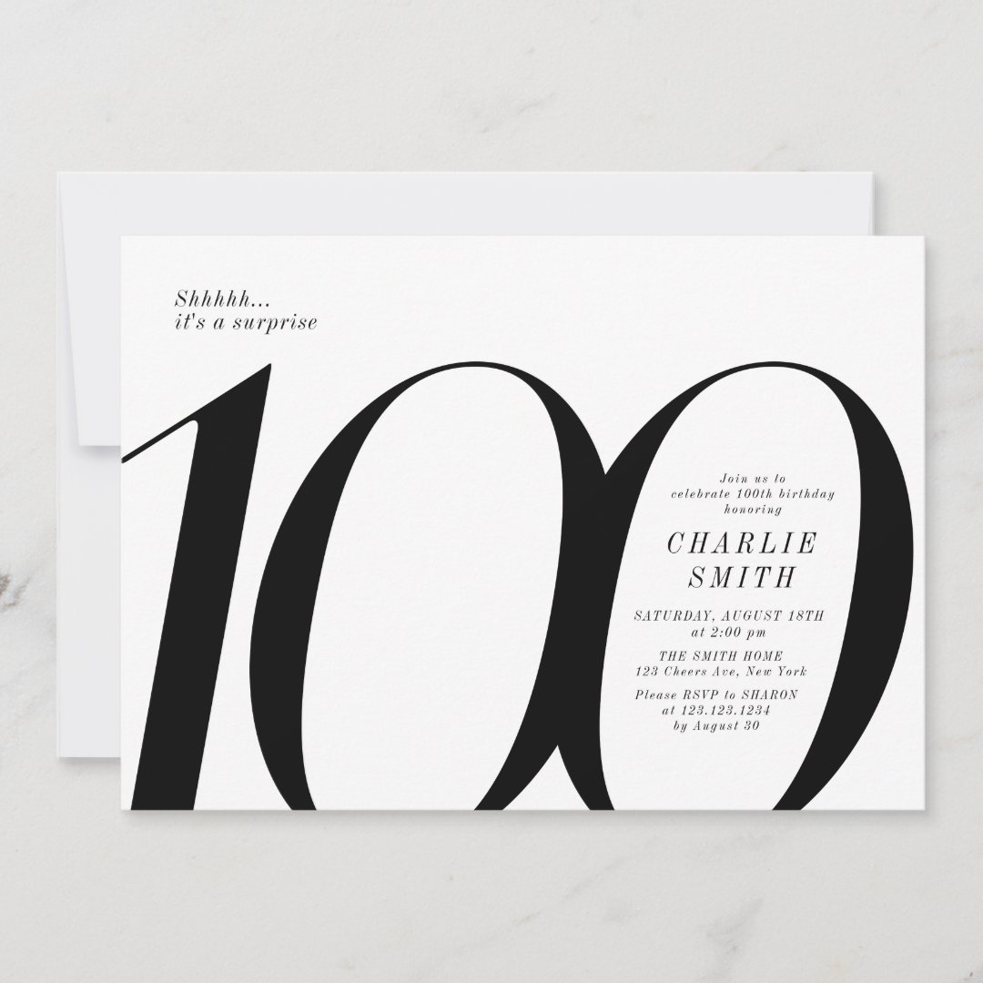 Modern minimalist black and white 100th birthday invitation Zazzle