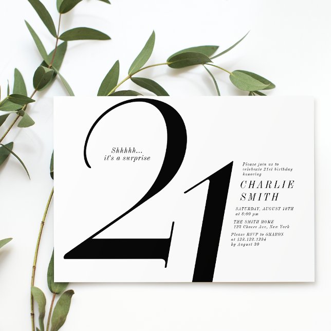 Modern minimalist black and white 21st birthday invitation (Modern minimalist black and white 21st birthday invitation)