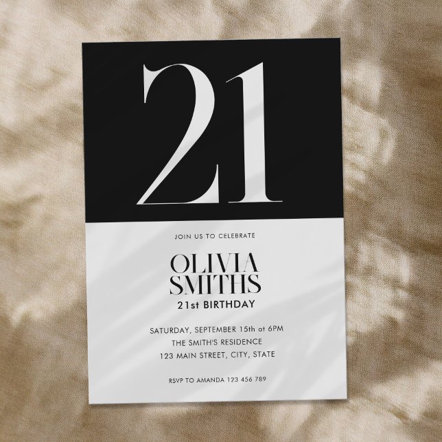Modern Minimalist Black and White 21st Birthday Invitation (Creator Uploaded)