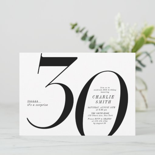 Modern minimalist black and white 30th birthday invitation Zazzle
