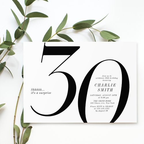 Modern minimalist black and white 30th birthday invitation