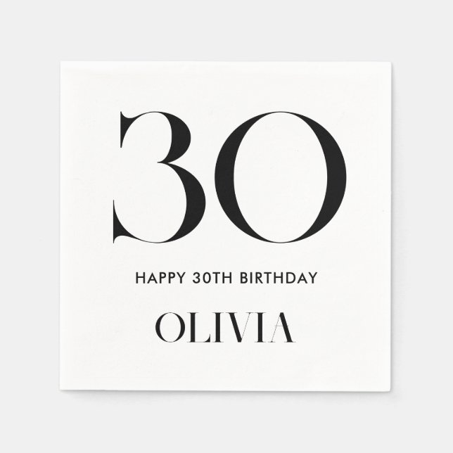 Modern Minimalist Black and White 30th Birthday Napkins (Front)