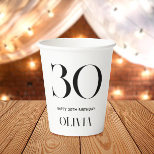 Modern Minimalist Black and White 30th Birthday Paper Cups